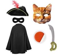 Disfraz de bandido de gato para niños - Capa negra, sombrero tricornio, máscara de gato, máscara para los ojos, espada inflable, maquillaje naranja y blanco - Disfraz de película de TV para niños y