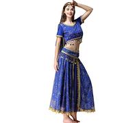 Disfraz de Bollywood de gasa para mujer, disfraz de danza del vientre para mujer, disfraz de baile indio con monedas, juego de 5 piezas (azul, XL)