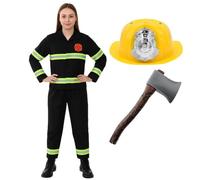 Disfraz de bombero para mujer, sombrero amarillo para mujer, accesorio de hacha de 40 cm y uniforme de bombera con detalles reflectantes, disfraz de despedida de soltera, Halloween y juego de rol