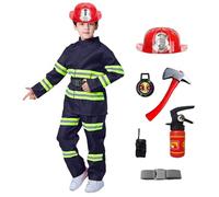 Disfraz de Bombero para Niños, 8 pcs Traje de Bombero Infantil con Accesorios, Juego rol para Disfraces, Educación sobre Simulacros Incendio Travestismo Carnaval Halloween Fiesta (Blue, 8-9 Years)