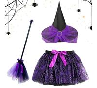 Disfraz de bruja de Halloween, accesorios de cosplay, kit de traje para niños, conjunto de vestido elástico, atuendo festivo completo para sesiones de fotos temáticas de fiesta, bailes de máscaras