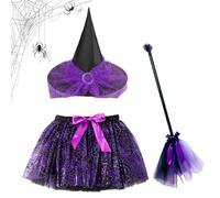 Disfraz de bruja de Halloween, accesorios de cosplay, kit de traje para niños, conjunto de vestido elástico, atuendo festivo completo para sesiones de fotos temáticas de fiesta, bailes de máscaras
