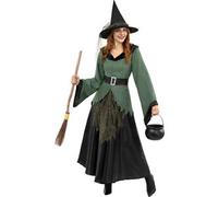 Funidelia Disfraz de Bruja Deluxe para mujer con chaqueta, falda, cinturón y sombrero, Traje de Hechicera Maga para adultos, Disfraces de Carnaval, Halloween y Fiestas - Talla S