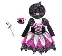 Disfraz de bruja para niña pequeña, bonito disfraz de bruja princesa para niña. Incluye vestido iluminado, varita, sombrero y bolsa de mano para fiesta de disfraces de Halloween.