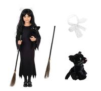 Disfraz de bruja para niña, talla XL, vestido negro, lazo de encaje blanco, escoba de 3 piezas, gato negro, disfraz de gato negro para niñas, para la semana del libro escolar, día mundial del libro