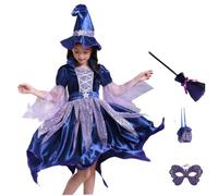 Disfraz de bruja para niñas, 1 juego de disfraz de bruja de terciopelo brillante con kit completo de malla que incluye sombrero, escoba, máscara, bolsa de dulces y vestido, agradable para la pie.