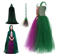 Disfraz de bruja para niñas | Accesorios de disfraces de brujas de Halloween Girls con escoba y tapa | Traje de fiesta de cosplay, ropa de despejar mascarada, actuaciones en el escenario de