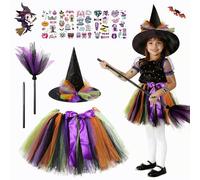 Disfraz de bruja para niñas, disfraz de bruja para niños, disfraz de carnaval de Halloween, falda de tul colorida, accesorios de sombrero de bruja, conjunto de disfraces de bruja