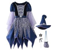 Disfraz de bruja para niñas, vestido de bruja malvada brillante con sombrero, varita mágica y bolsa de dulces para decoración de fiesta de Halloween, vestido de malvado de 120 cm para niñas