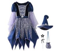 Disfraz de bruja para niñas, vestido de bruja malvada brillante con sombrero, varita mágica y bolsa de dulces para decoración de fiesta de Halloween, vestido de malvado de 130 cm para niñas