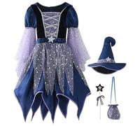 Disfraz de bruja para niñas, vestido de bruja malvada brillante con sombrero, varita mágica y bolsa de dulces para decoración de fiesta de Halloween, vestido de malvado de 110 cm para niñas