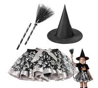 Disfraz de brujas para el vestido de cosplay de Halloween de las niñas-chicas para niños pequeños, sombrero y escoba puntiagudas festivas, atuendo mágico de rol para niños, conjunto de disfraces encan