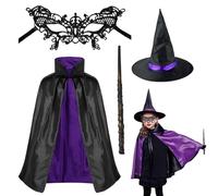 Disfraz de Brujo para Pequeños con Capa Reversible - Disfraz de Bruja Niña Inspirado en The Witcher, Hermione, Blancanieves - Capa Negra, Mago More, Nariz de Bruja Incluida.