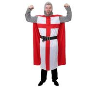 Disfraz de caballero cruzado medieval para adultos, talla XL, túnica de la bandera de Inglaterra, capa roja, tocado con aspecto de malla y cinturón, disfraz de rey Arturo de corazón de león para
