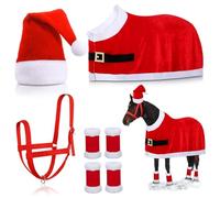 Disfraz de caballo navideño Traje rojo con gorro de Papá Noel Envolturas para piernas Silla de montar y cabestro Disfraces divertidos para caballos para usar en fiestas navideñas de invierno y d
