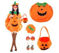 Disfraz de calabaza de Halloween para adulto, divertido traje de calabaza con sombrero de calabaza, bolsa de caramelos, medias altas hasta el muslo, gafas, aretes, fiesta de Halloween, ropa de disfraz