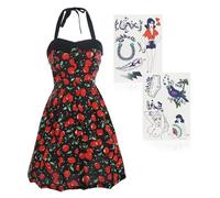 Disfraz de cantante de los años 00 para mujer, conjunto de vestido y tatuaje Rockabilly rojo y negro, juego de accesorios de disfraz de música de los años 00