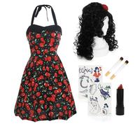 Disfraz de cantante de los años 00 para mujer, vestido Rockabilly, peluca de colmena negra, lápiz labial rojo, cigarrillos falsos y juego de tatuajes, juego de accesorios de disfraz musical para