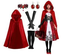 Disfraz de Caperucita Roja para mujer, capa con capucha, collar, pendientes, medias, guantes, Little Red Riding Hood Outfit, adulto, Halloween, carnaval, disfraz, cosplay