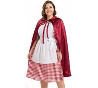 Disfraz de Caperucita Roja para mujer, grande, vestido a cuadros rojo y blanco con delantal blanco adjunto, capa roja larga con capucha, disfraz de cuento de hadas para el Día Mundial del Libro para