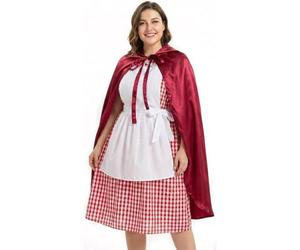Disfraz de Caperucita Roja para mujer, grande, vestido a cuadros rojo y blanco con delantal blanco adjunto, capa roja larga con capucha, disfraz de cuento de hadas para el Día Mundial del Libro para
