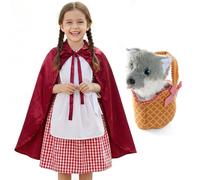 Disfraz de Caperucita Roja para niñas, vestido a cuadros rojo y blanco con delantal blanco y capa roja, cesta suave y lobo de felpa, disfraz de personaje de cuento de hadas para el día del libro