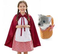 Disfraz de Caperucita Roja para niñas, vestido a cuadros rojo y blanco con delantal blanco y capa roja, cesta suave y lobo de felpa, disfraz de personaje de cuento de hadas para el día del libro