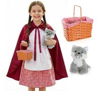Disfraz de Caperucita Roja para niños, vestido a cuadros rojo y blanco con delantal blanco y capa roja, cesta de plástico y lobo de felpa, disfraz de personaje de historia del día del libro, disfraz