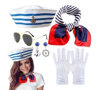 Disfraz de capitán de yate, traje de marinero para mujer | Conjunto de gafas de sol de sombrero de azul marino para adultos | 5x ropa novedosa para Pascua, Navidad, boda, cosplay