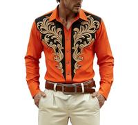 Disfraz De Carnaval-Camisas Slim Fit Hombre Camisa De Manga Larga Estampada con TemáTica De Vaqueros del Oeste: Blusa Medieval con Botones para Ocasiones Informales Y Fiestas. (Orange, XXXL)