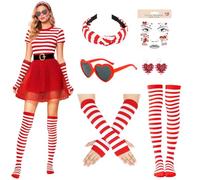 Disfraz de carnaval de Colonia, Accesorios para Disfraz de Colonia,Diadema Roja y Blanca,Guantes,Medias,gafas de corazón,pendientes,tatuajes,Disfraz de Carnaval para Mujer,Halloween,Carnaval y Fiesta