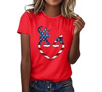 Disfraz de carnaval para mujer Independence Day Shirt Frauen Grafik T-Shirts für Frauen Top Crew neck Kurzarm Love Print Top Shirt Damen Shirts Sommer Locker, rojo, XXL
