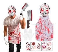 Disfraz de Carnicero de Halloween, Asesino en Serie Disfraces, Disfraces Halloween, Máscara de Asesino Sangriento, Delantal Sangriento, Cuchillo Sangriento, Pegatinas Cicatriciales, Guantes de algodón
