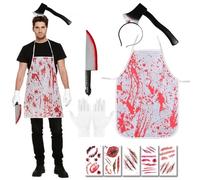 Disfraz de Carnicero de Halloween, Asesino en Serie Disfraces, Disfraces Halloween, Tocado de Hacha Sangriento, Delantal Sangriento, Cuchillo Sangriento, Pegatinas Cicatriciales, Guantes de algodón