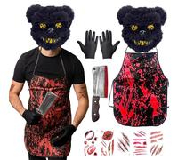 Disfraz de Carnicero de Halloween, Asesino en Serie Disfraces, Oso Asesino Disfraces, Máscara de Oso Sangriento, Delantal Sangriento, Cuchillo Sangriento, Pegatinas Cicatriciales, Guantes de algodón
