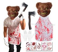 Disfraz de Carnicero de Halloween, Asesino en Serie Disfraces, Oso Asesino Disfraces, Máscara de Oso Sangriento, Delantal Sangriento, Cuchillo Sangriento, Pegatinas Cicatriciales, Guantes de algodón