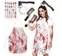 Disfraz de Carnicero de Halloween, Disfraces de Terror de Set, Incluye Delantal Sangriento, Diadema Hacha, Cuchillo de Utilería y 30 Tatuajes, para Halloween, Karneval, Baile de Disfraces, Fiesta(A)