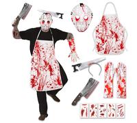 Disfraz de carnicero de Halloween para hombre con delantal ensangrentado, juego de terror, accesorios para fiesta de Halloween y carnaval (blanco)