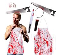Disfraz de carnicero de Halloween para hombres adultos, delantal sangriento, cuchillo, diadema, accesorios, cicatrices de sangre falsa, tatuajes, pegatinas, traje de Halloween para adultos (Sierra)