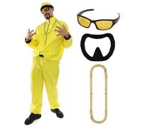 Disfraz de celebridad de los años 90 - Traje de concha amarilla y negra para adultos, sombrero a juego, gafas de sol, cadena dorada + Goatee negra, divertido disfraz de rapero de Halloween