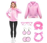Disfraz de chaqueta rosa para mujer, disfraz de grasa para adultos, accesorios de los años 50 con gafas rosas, diadema, bufanda de seda, aretes, rosa, S