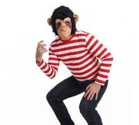 Disfraz de chimpancé del rey del pop para adultos, talla XL, camiseta de manga larga a rayas rojas y blancas con máscara de mono realista de cabeza completa, disfraz unisex de los años 80, disfraz de