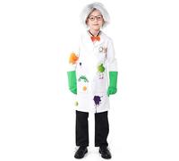 Disfraz de científico loco para niños con peluca, marco de gafas, pajarita, guantes, bata de laboratorio para niños, disfraz de Halloween, camiseta para niños de 146 (blanco, 8-10 años)