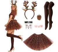 Disfraz de ciervo para mujer, disfraz de carnaval para mujer y niña, disfraz de reno para adultos con falda de tul marrón, diadema, tatuaje, calcetines de cola para carnaval, cosplay, trajes
