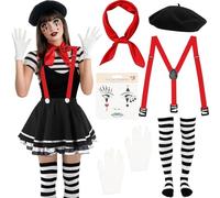 Disfraz de circo de 6 piezas para mujer, disfraz de pantomima, disfraz de payaso con boina, bufanda, guantes, calcetines, tirantes, disfraces de carnaval para Halloween, carnaval, fiesta