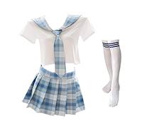 Disfraz de colegiala japonesa a cuadros, falda plisada JK Uniforme de cosplay (7039 blanco azul), 7039 blanco azul, talla única