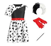 Disfraz de Cruella Deville para Niña Cosplay de Halloween del Perro Dálmata 2021 Carnaval Fiesta Película Personaje Disfraz Vestido de Manga Corta con Guantes Peluca Soporte para Cigarrillos 4-5 Años