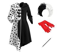 Disfraz de Cruella Deville para Niñas 101 Dálmatas Cruela Vestido Cosplay Fiesta Cumpleaños Navidad Costume de Halloween Vestido Abrigo con Guantes Peluca Soporte para Cigarrillos 4pcs 9-10 años