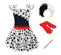 Disfraz de Cruella Deville para Niñas 101 Dálmatas Cruela Vestido Cosplay Fiesta Cumpleaños Navidad Costume de Halloween Vestido Abrigo con Guantes Peluca Soporte para Cigarrillos 4pcs 3-4 años