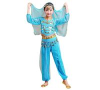 Disfraz de Danza del Vientre Indiapara Niña Conjunto 5 Piezas con Camiseta Pantalón Cinturón Velo y Collar Harem con Lentejuelas Vestido de Baile Hindú Modernas y Cómodo para Espectáculos Escolares